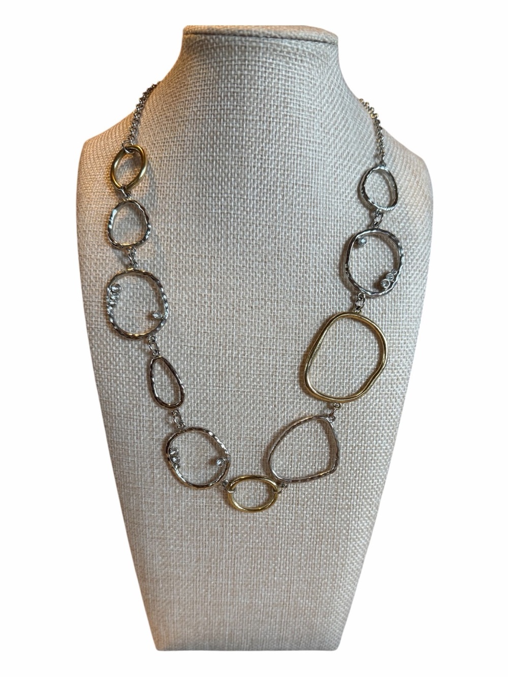 Open Circle Link Necklace with Crystal Accents- Two-Tone Silver & Gold